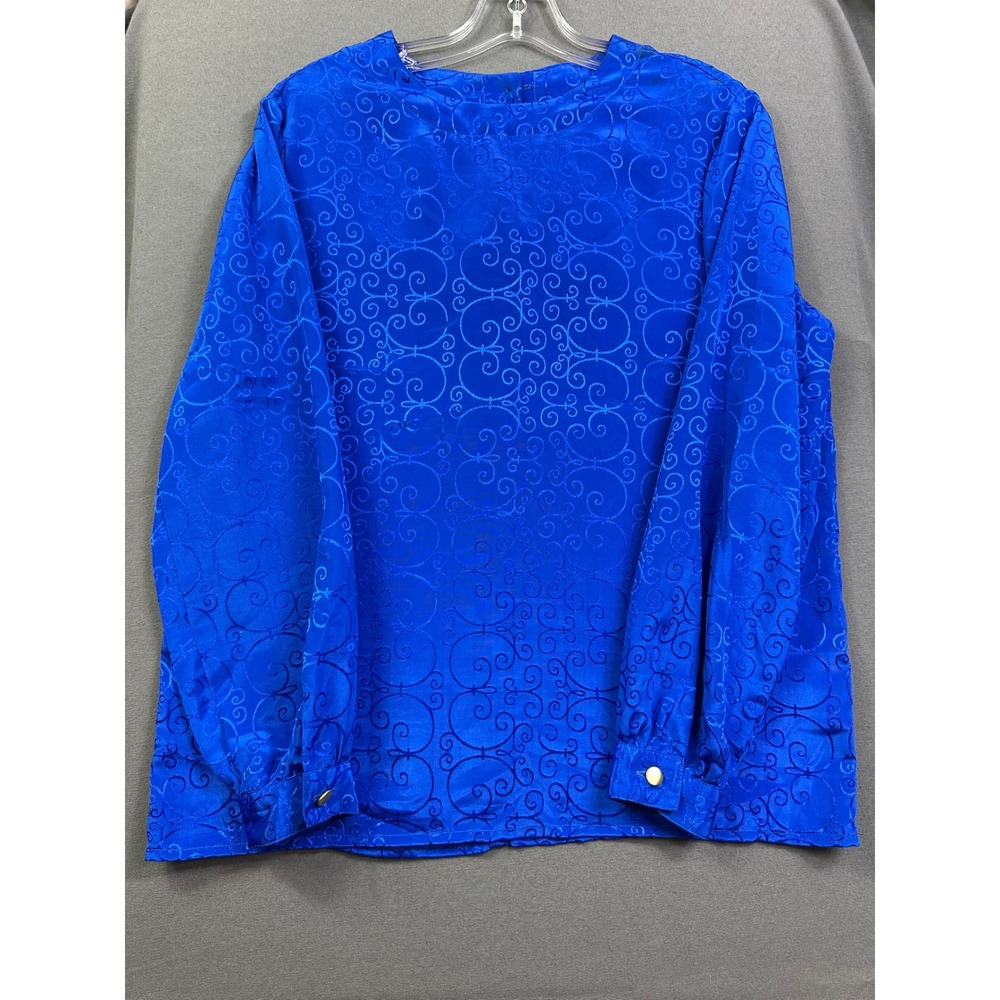 Leslie Fay Sport Royal Blue Jacquard‎ Swirl Scroll Long Sleeve Blouse Women's 8